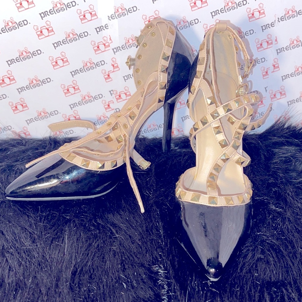 Black & Gold Studded Pointy Toe Heels